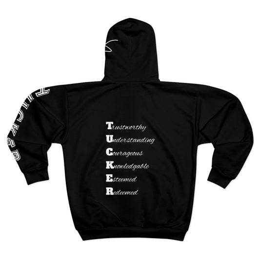 I Am: TUCKER - Unisex Zip Hoodie (Black with Letter White)