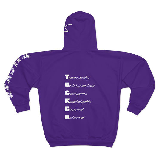 I Am: TUCKER - Unisex Zip Hoodie (Purple with Letter White)