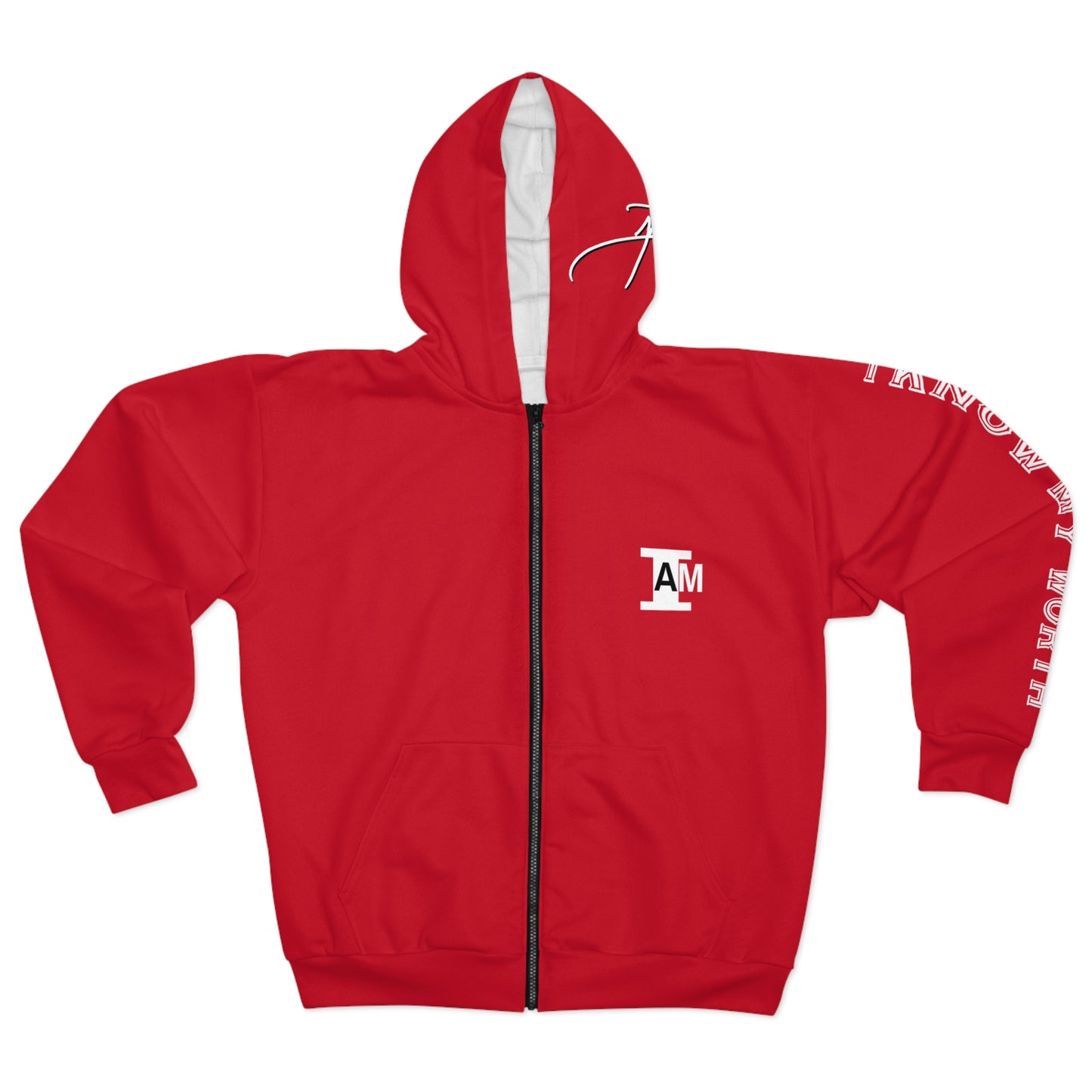 I Am: VALUABLE (I Know My Worth) - Unisex Zip Hoodie (Red with White Lettering)