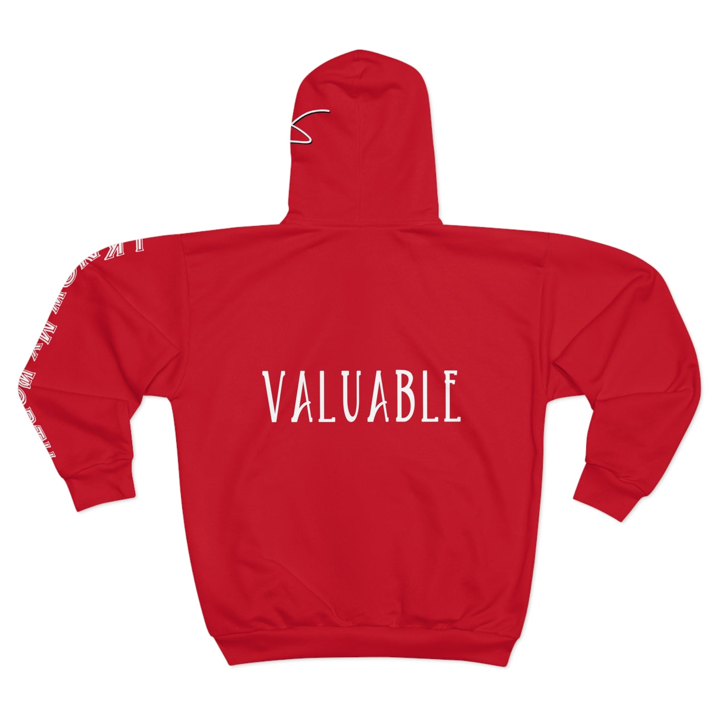 I Am: VALUABLE (I Know My Worth) - Unisex Zip Hoodie (Red with White Lettering)