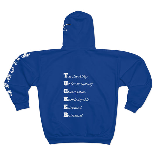 I Am: TUCKER - Unisex Zip Hoodie (Blue with Letter White)