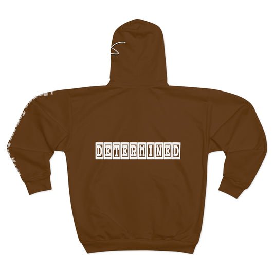 I Am: DETERMINED (I Press Towards The Mark) - Unisex Zip Hoodie (Brown with White Lettering)