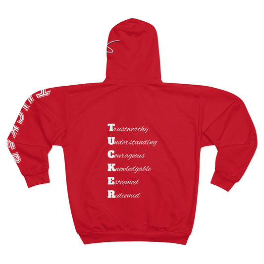 I Am: TUCKER - Unisex Zip Hoodie (Red with Letter White)